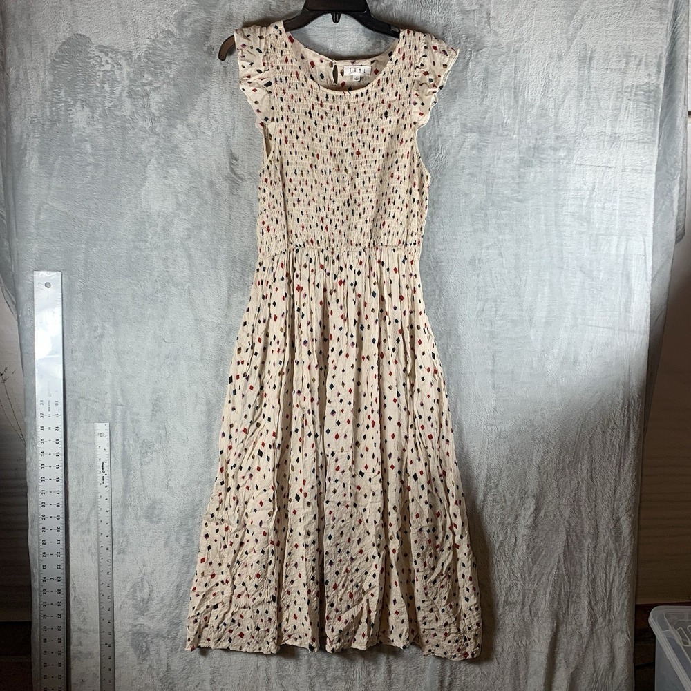 THML Womens Dress S Midi Smocked Geometric Print Ruffle Cap Sleeve Ivory Pockets